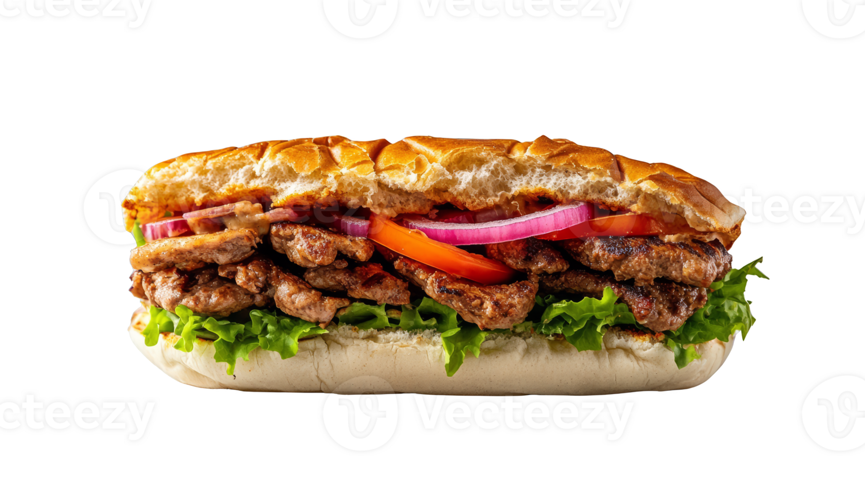 Delicious sandwich with grilled meat, fresh vegetables, and soft bread png