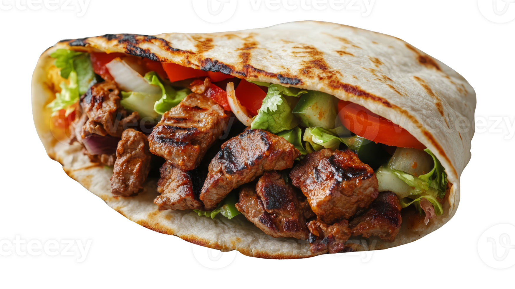 Delicious grilled meat wrap with fresh vegetables and pita bread png