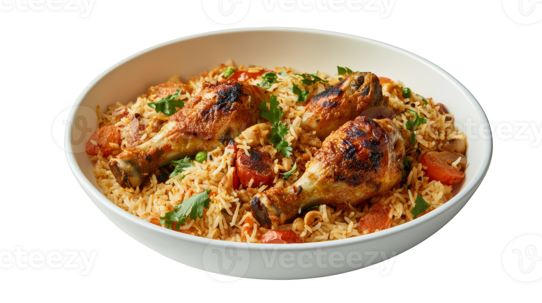 Delicious chicken drumsticks served on flavorful rice with herbs png
