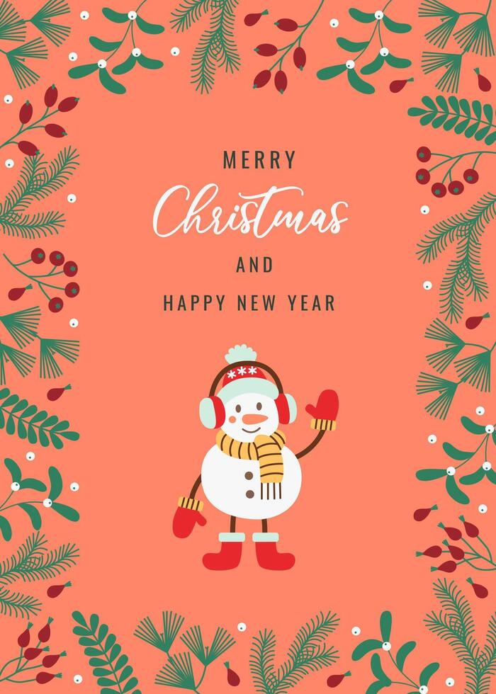 Festive Christmas card in flat style with cheerful snowman, holiday plants, and Merry Christmas and Happy New Year message. Perfect for holiday greetings, invitations, and seasonal decorations. vector
