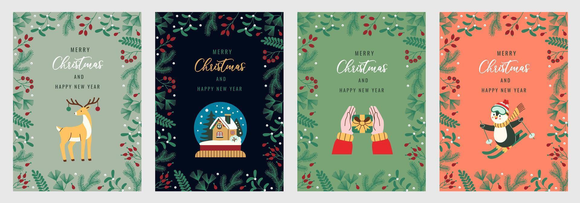 Set of flat style Christmas cards featuring festive characters, including reindeer, snow globe, hands with gift, and skiing penguin. Surrounded by seasonal foliage for holiday greetings, decorations. vector