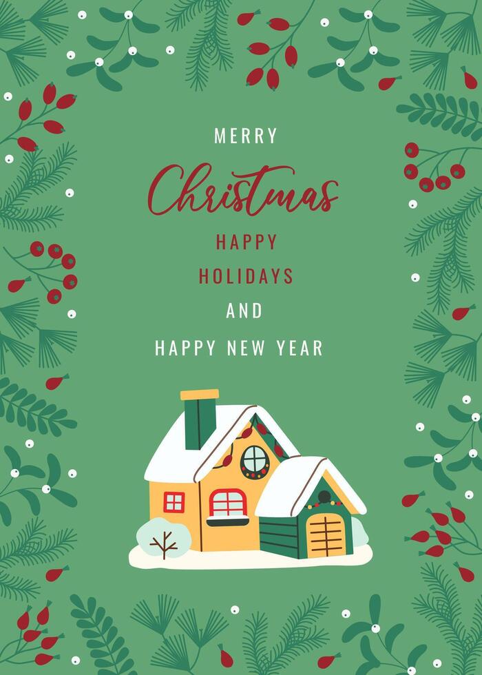 Flat style Christmas card with a cozy holiday house surrounded by festive greenery and berries on a cheerful green background. Perfect for sending warm wishes for Christmas and New Year. vector
