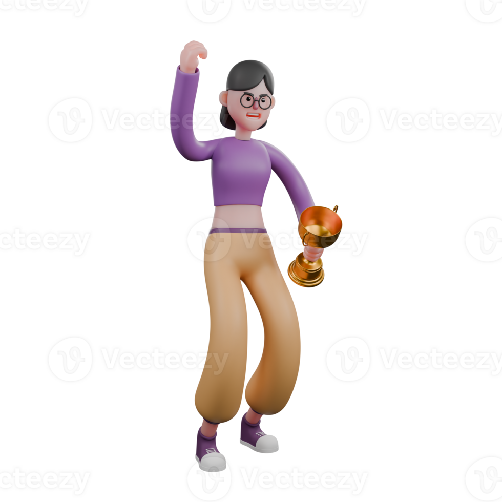 Dance Performer in 3D Illustration. A female dancer wants to jump with her right hand raised up then her left hand carries the trophy. Vocal Artist png