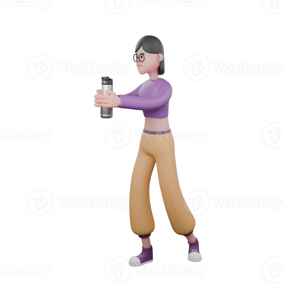 Dancer Character in 3D Illustration. A female dancer walks to the right while holding a tumbler in both hands. Performer png