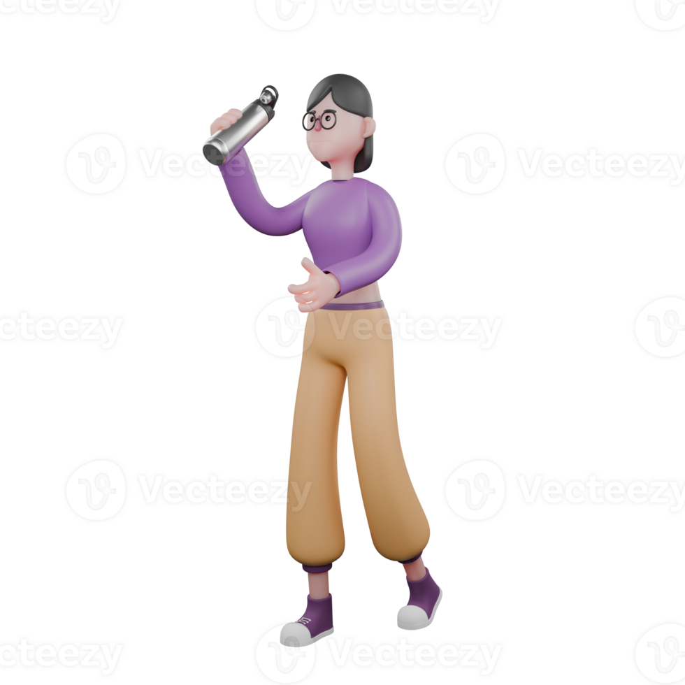 Cartoon 3D Dancer Star. A female dancer walks to the right while her right hand raises a tumbler as if she wants to drink its contents and her left hand points up with a thumb. Animated Performer png