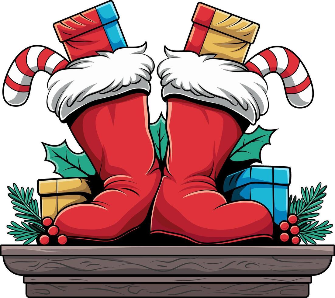 Holiday Stockings Decorated with Holly and Ornaments vector