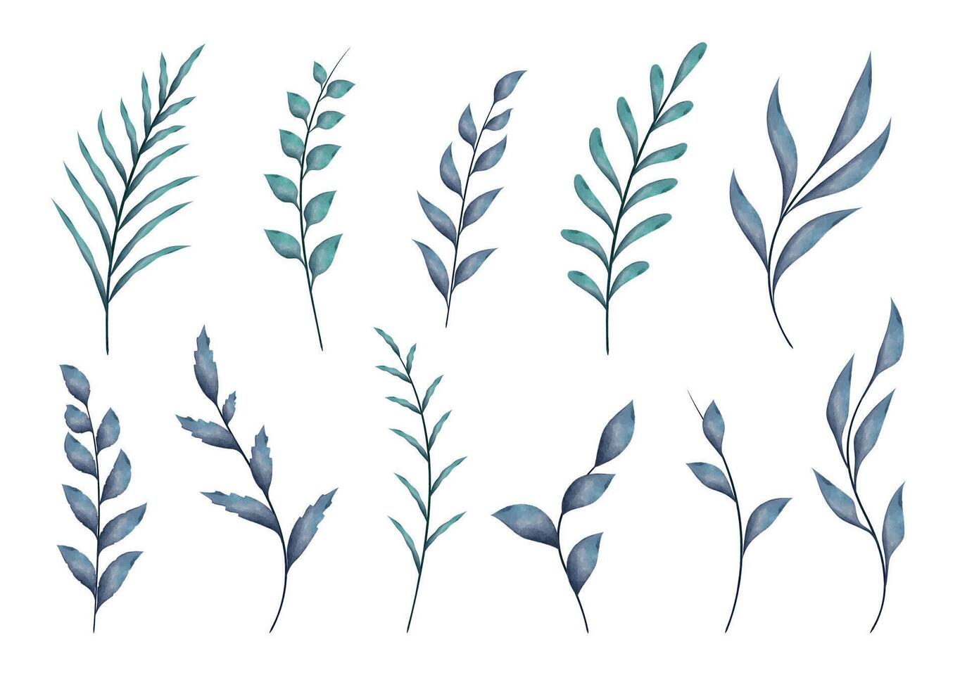 Watercolor blue leaf branch set, isolated botanical elements on white background vector