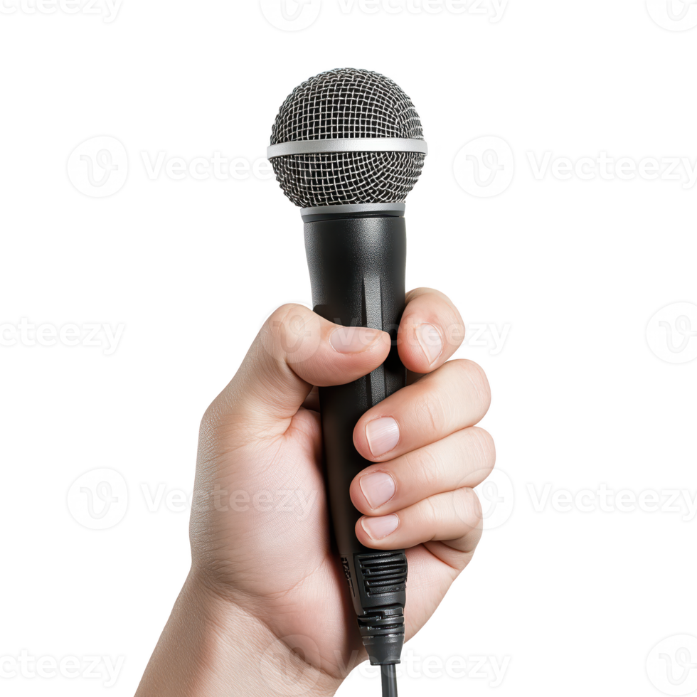Hand holding a microphone, isolated on transparent background. png