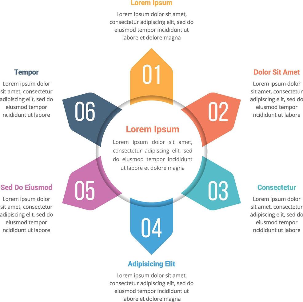 Circle infographics template with six elements, can be used as steps, options, process diagram vector