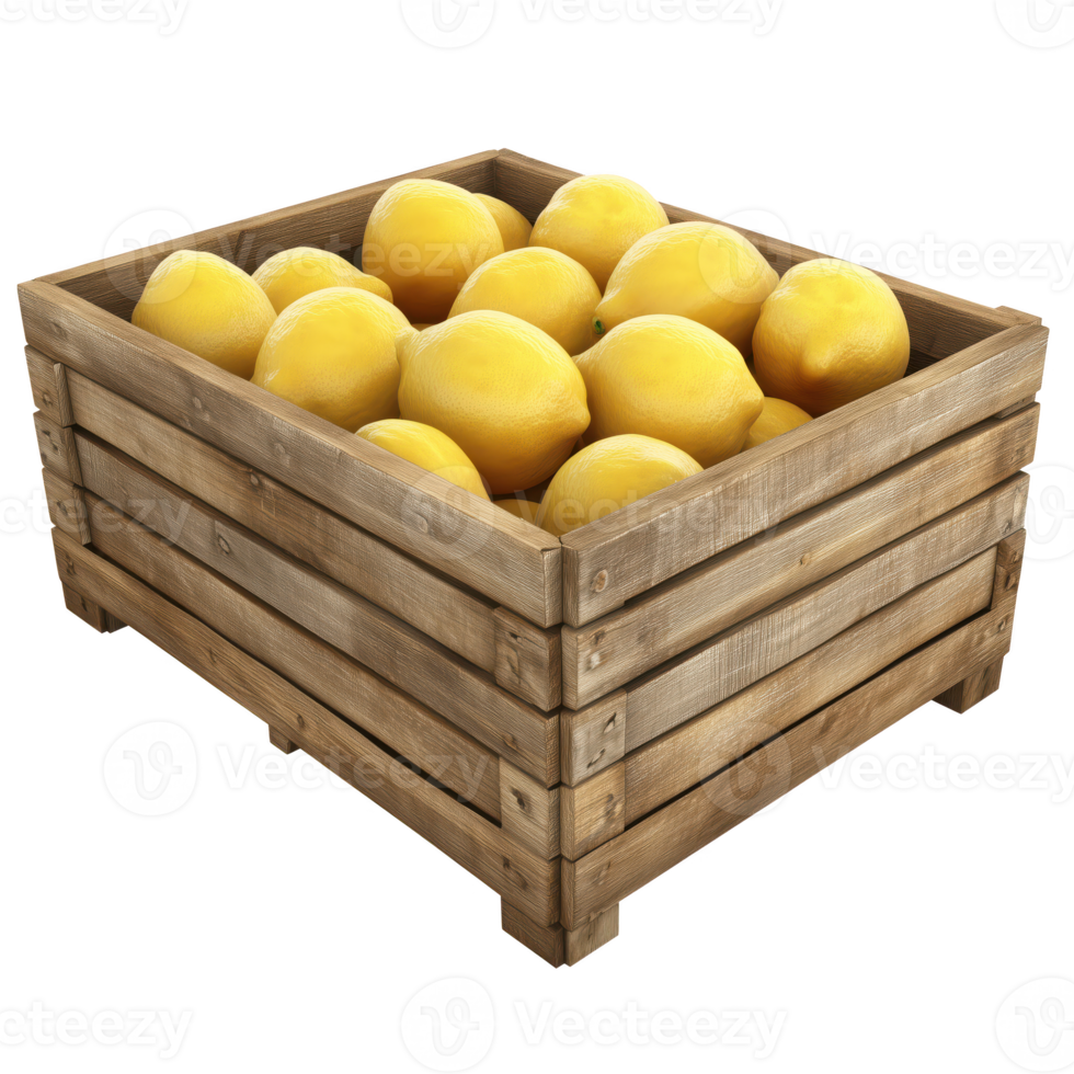 Wooden crate filled with fresh, ripe lemons isolated on transparent background. png