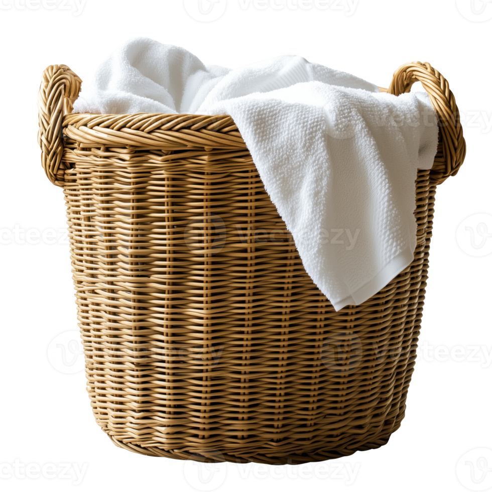 Woven laundry basket with white towels, isolated on transparent background. png