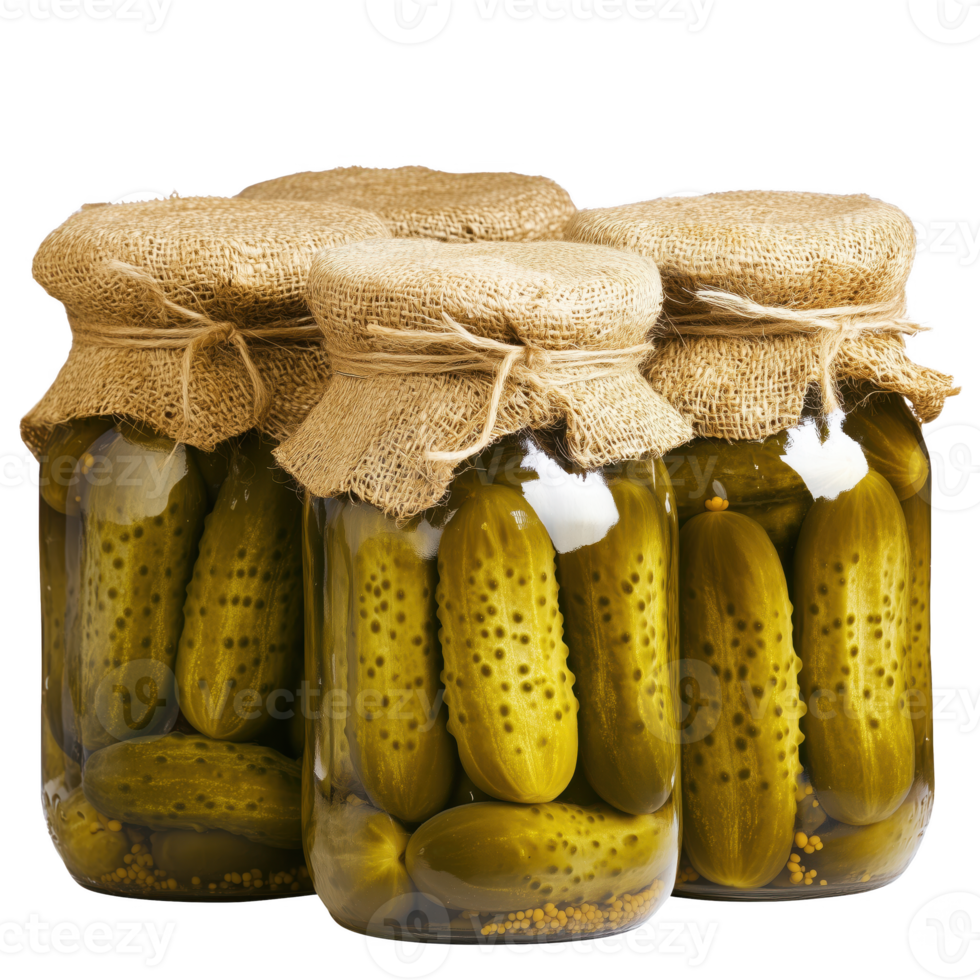 Jars of pickled cucumbers with burlap covers, isolated on transparent background. png