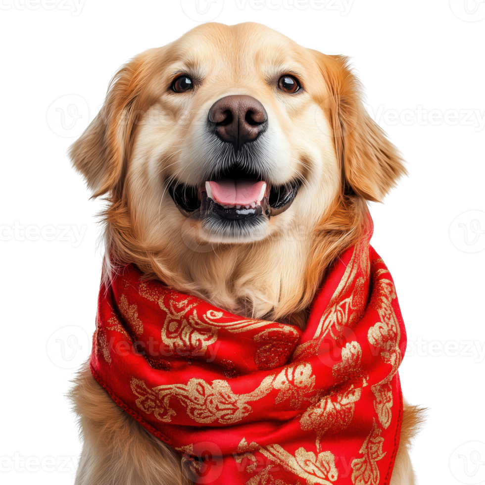 Golden retriever dog wearing a red scarf, cheerful expression, isolated on transparent background. png