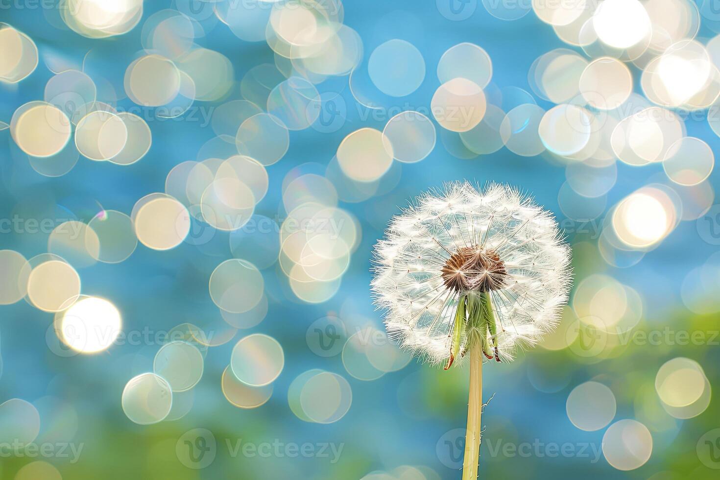 A single dandelion with seeds blowing in the wind against a blue background with bokeh. photo