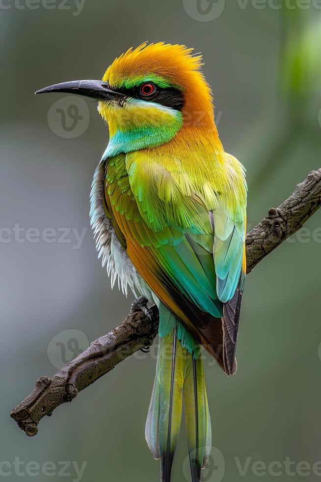 A vibrant green and yellow bird with a long black beak perched on a branch, its red eyes gleaming in the sunlight. photo