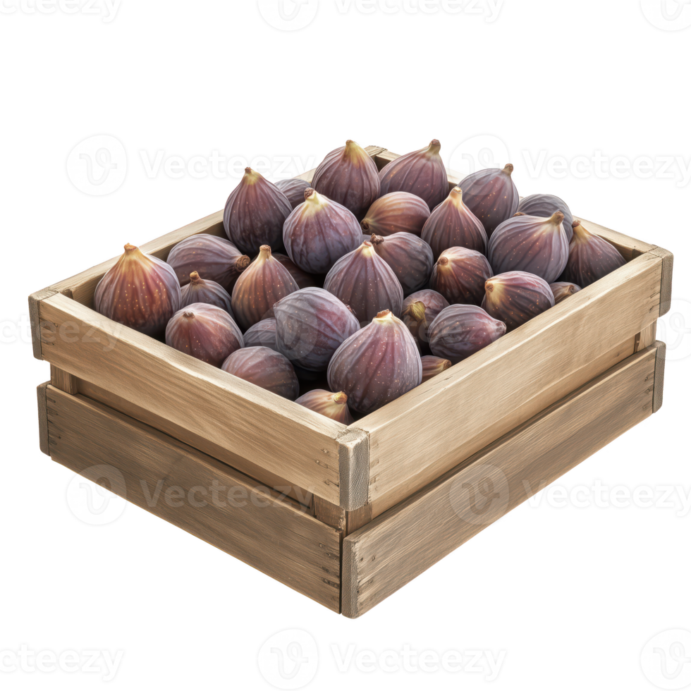 Fresh figs in a wooden crate, isolated on transparent background. png