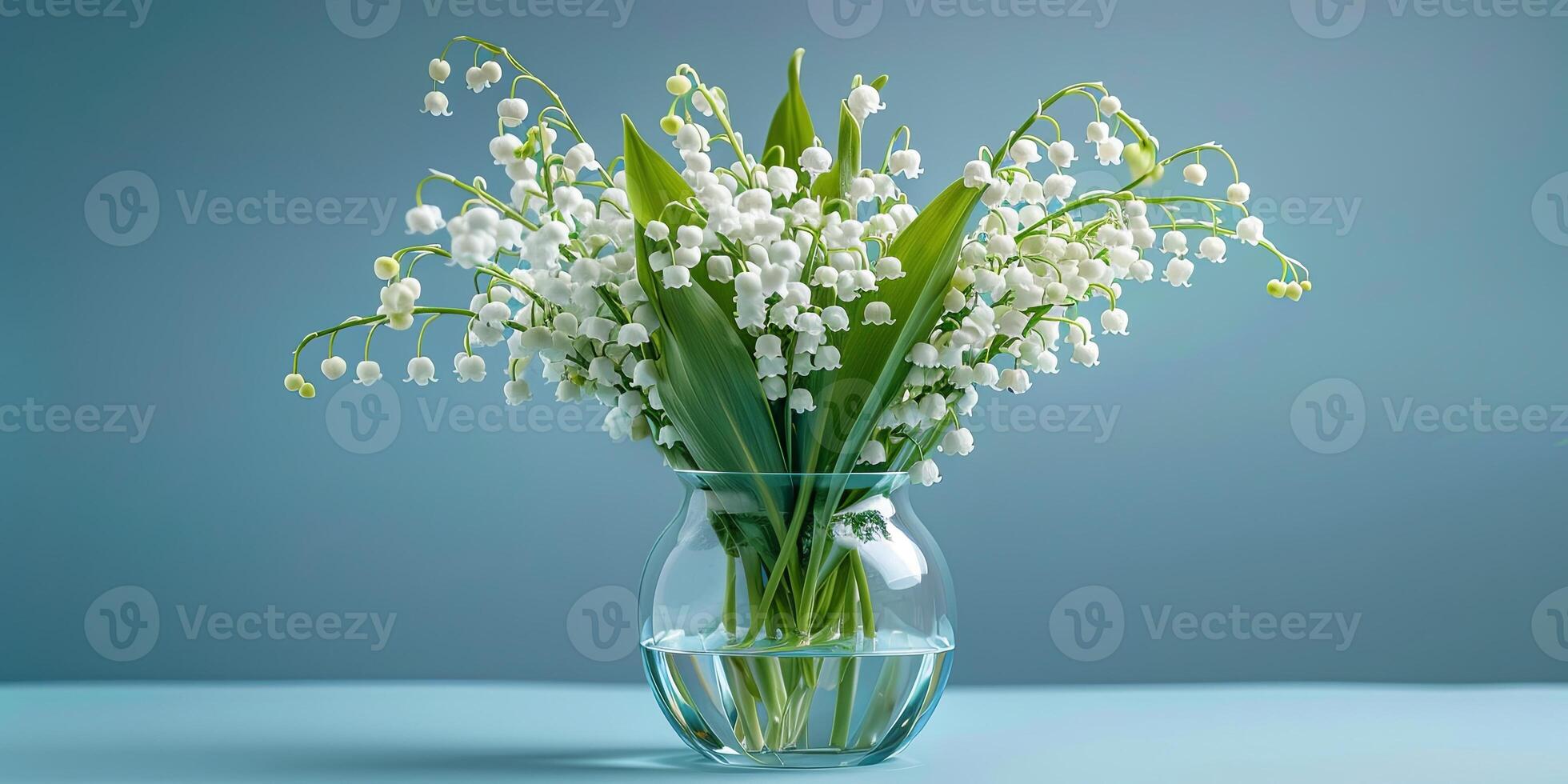 A bouquet of lily of the valley flowers in a glass vase on a blue background. photo