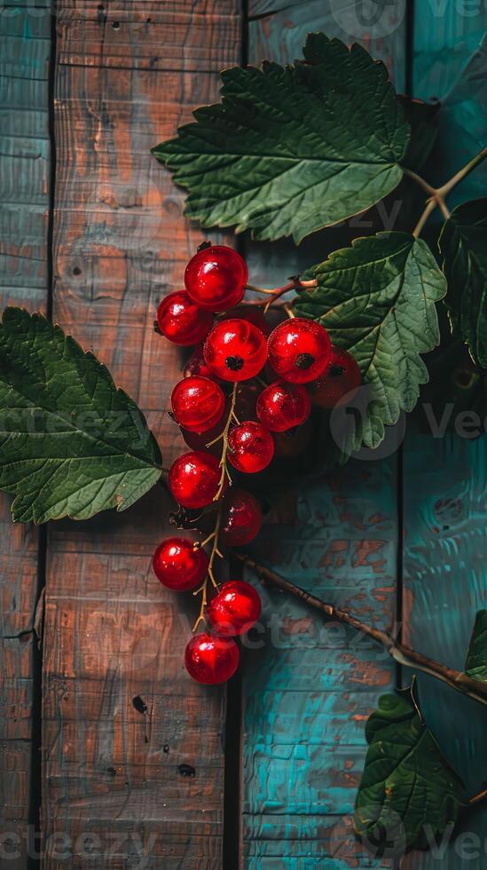 A cluster of ripe red currants with green leaves on a rustic wooden background. photo