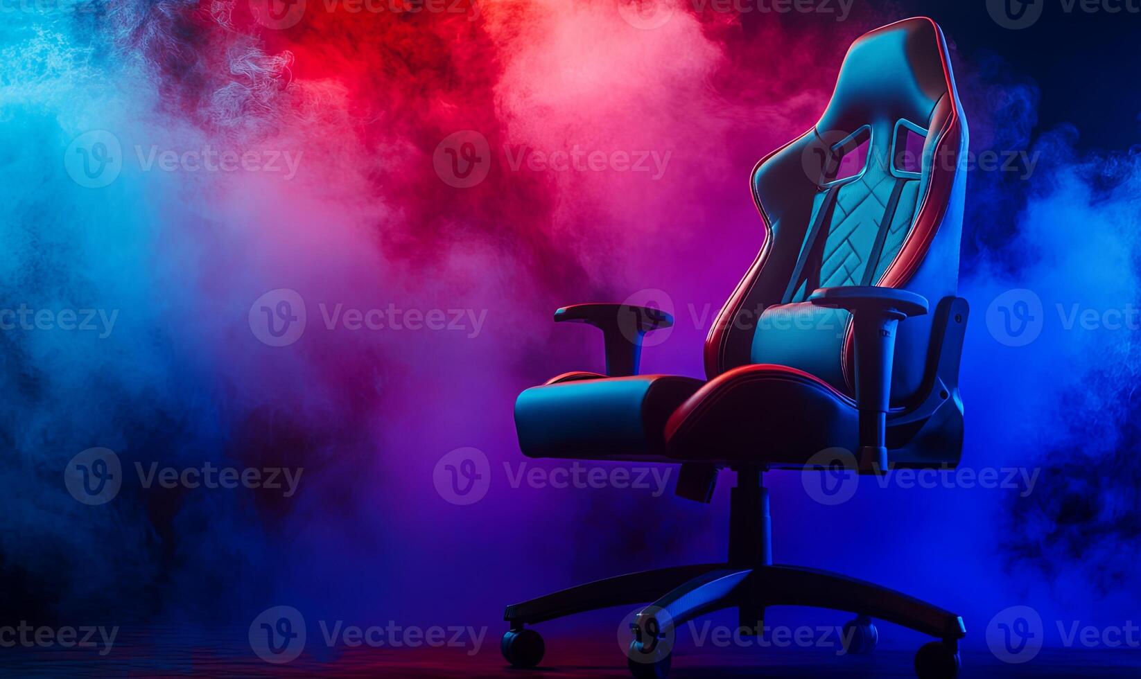 A black and grey gaming chair with red and blue smoke behind it. photo