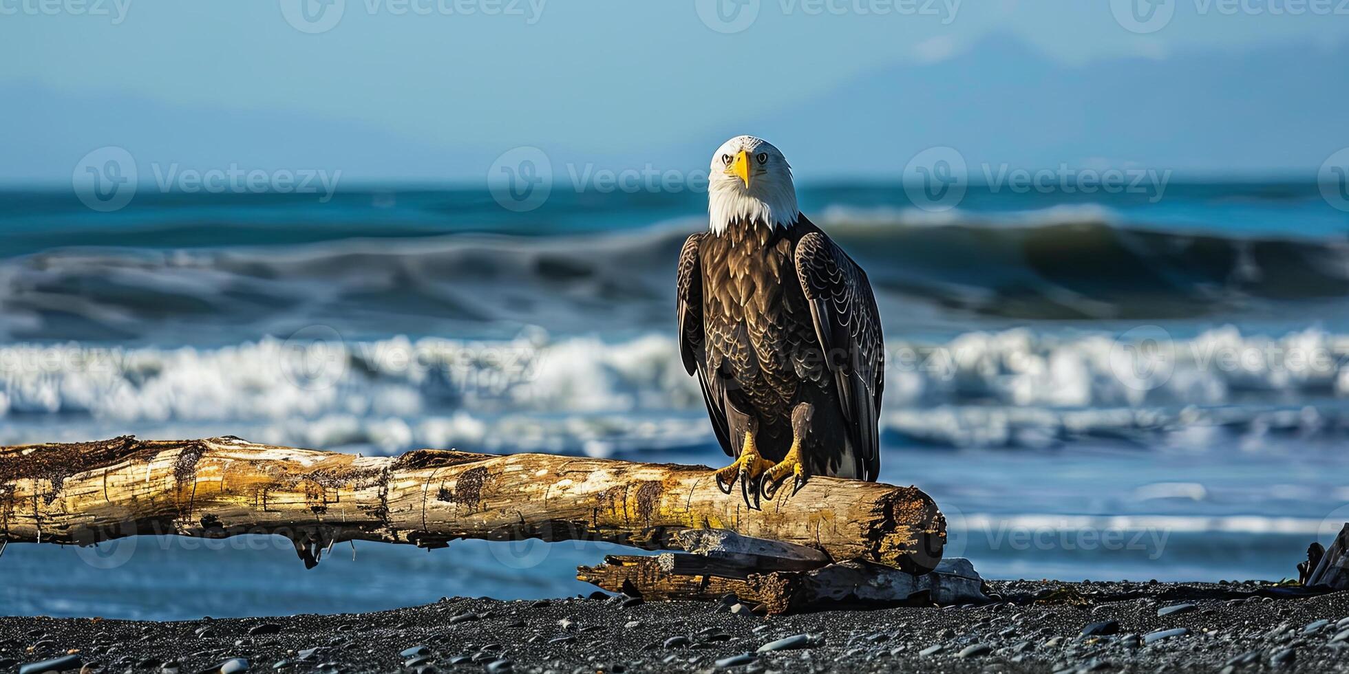 Bald eagle perched on a driftwood log on a sandy beach with waves crashing in the background. photo
