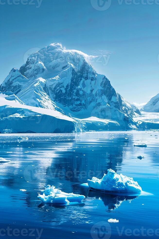 A serene, snow-capped mountain range reflects in the clear, icy water of the Antarctic. photo