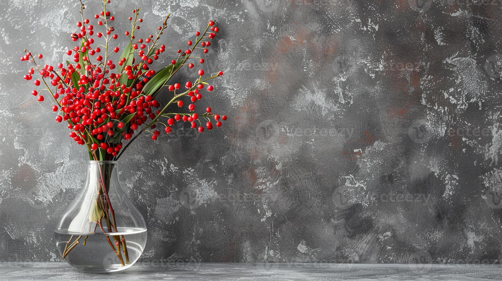 A bouquet of red berries in a glass vase against a gray background with copy space. photo