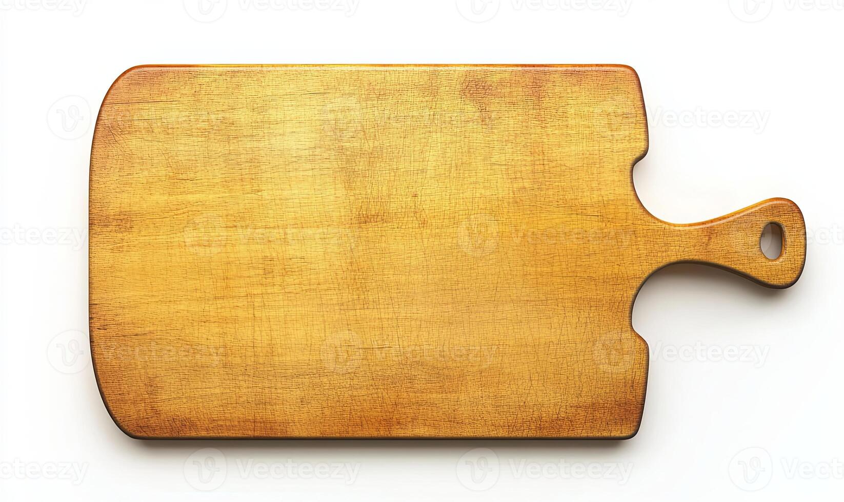 A rustic wooden cutting board with a handle isolated on a white background. photo