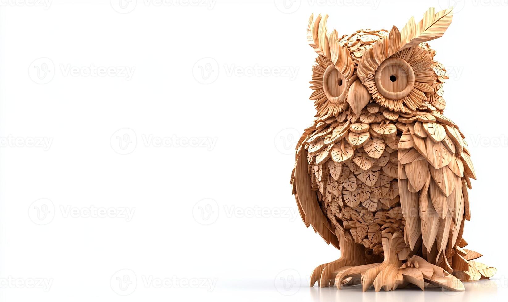 A 3D render of a wooden owl sculpture with detailed feathers and large eyes on a white background. photo