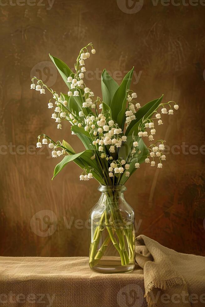 A bouquet of lily of the valley flowers in a clear glass vase on a rustic wooden table. photo