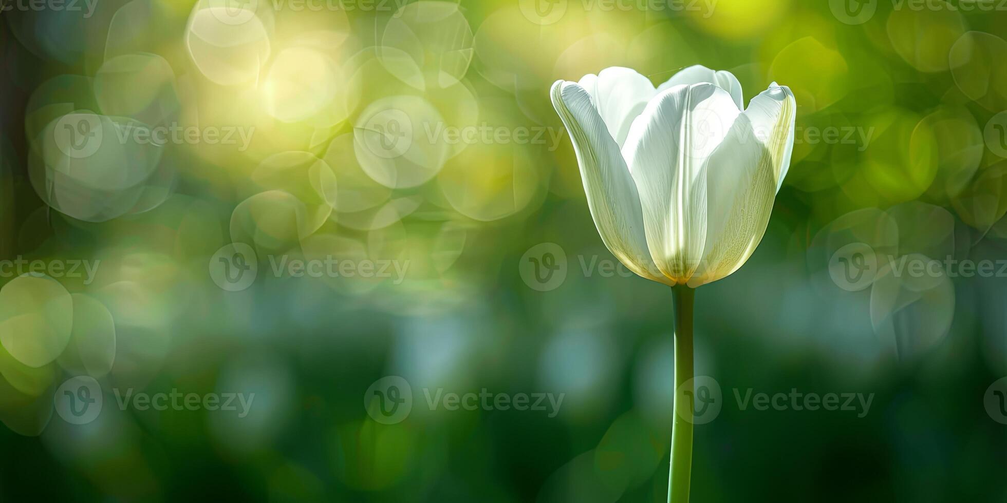 A single white tulip stands tall with a soft green bokeh background, glowing in the sunlight. photo