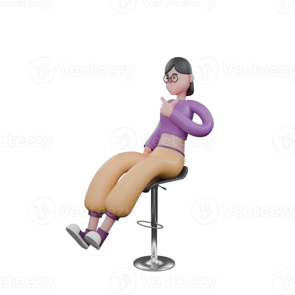Cartoon Dancer in 3D. A female dancer sits on a bar stool while lifting her legs and her left hand giving a finger gun symbol on her chest. Dance Performer Model png