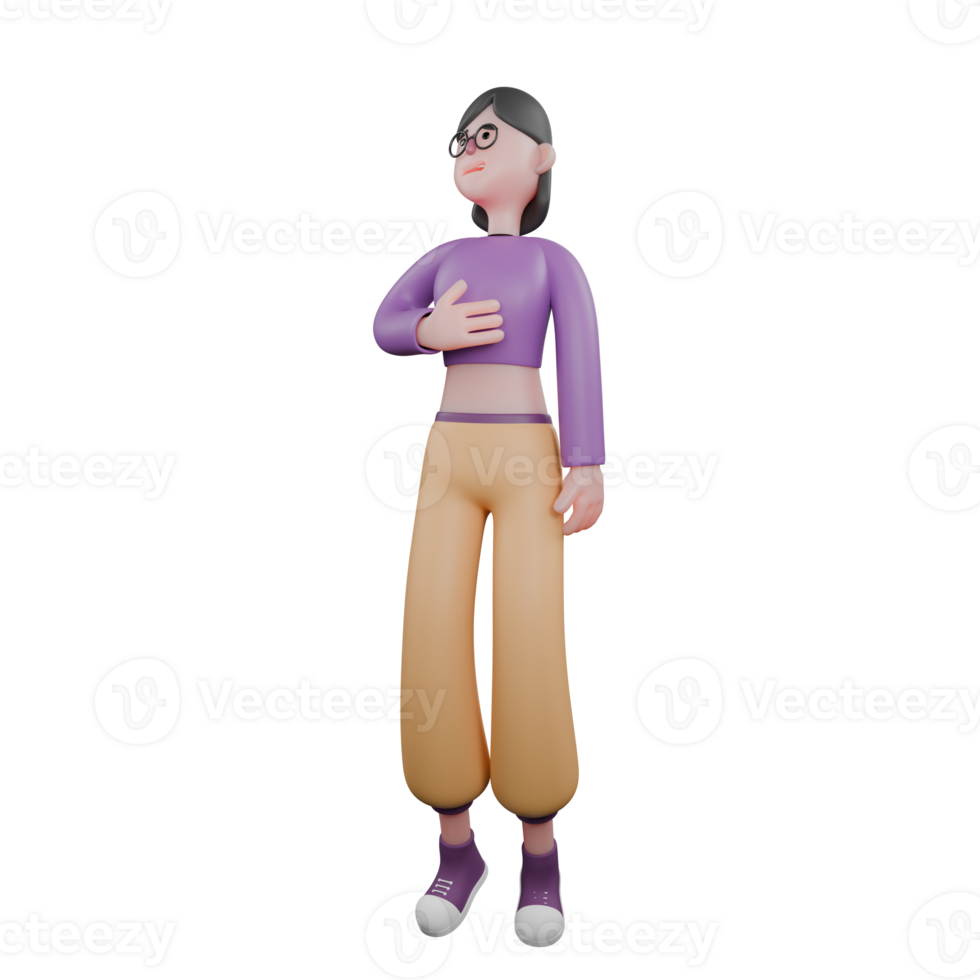 3D Dance Star Performer. A female dancer stands looking right with her right hand stroking her chest. Animated Talent png