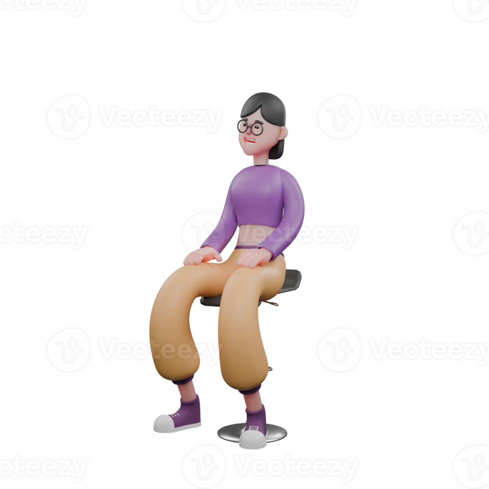 Dance Performer Character in 3D. A female dancer sits on a chair, hands on her thighs, eyes closed with a happy expression. Creative Artist png