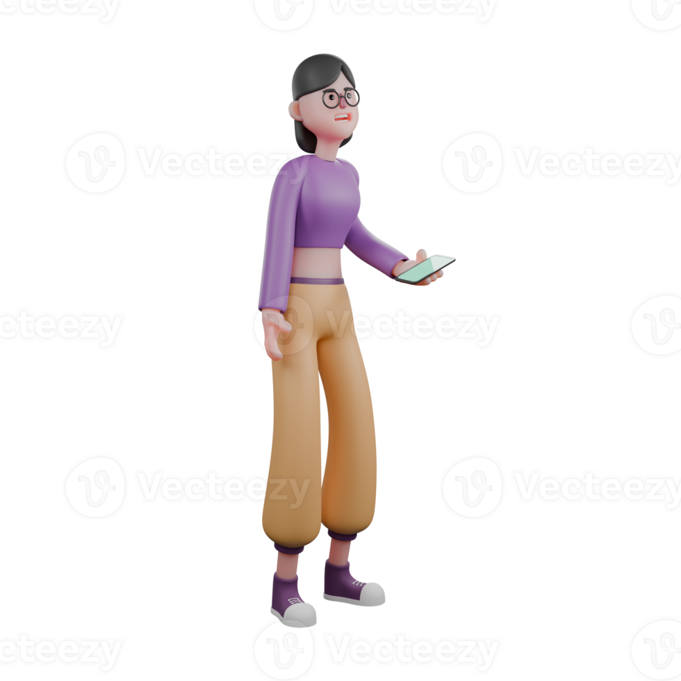3D Model of Dance Performer. A female dancer stands holding a cellphone in her hand with a confused expression. Creative Artist png