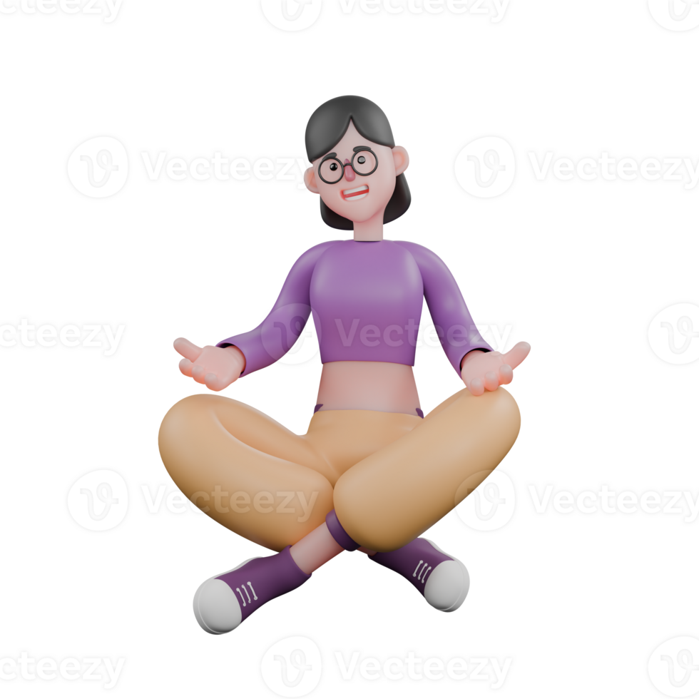 3D Dance Star Performer. A female dancer sits with her hands crossed on her thighs with her palms open with a happy expression. Animated Talent png