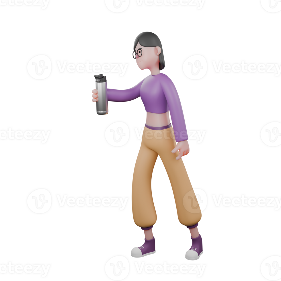 3D Model of Dance Performer. A female dancer walks to the right while her right hand extends a tumbler forward. Cartoon Performer png