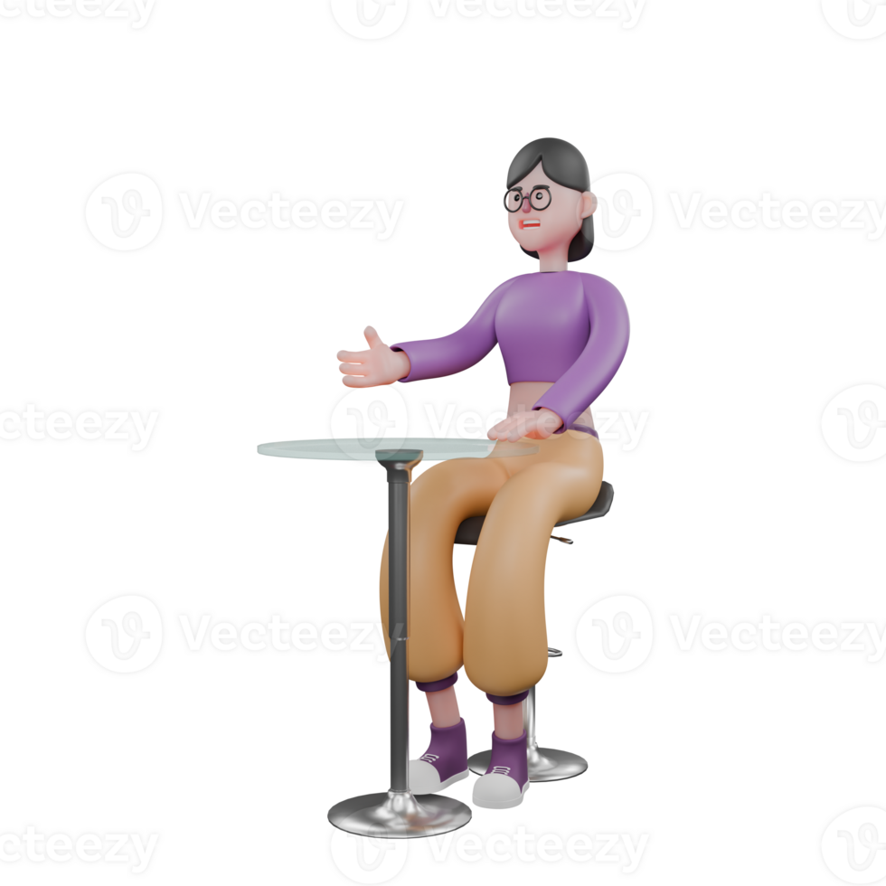 Cartoon Dancer Performer in 3D. A female dancer sits at a cafe table, talking to a friend with a serious expression. Dance Talent png