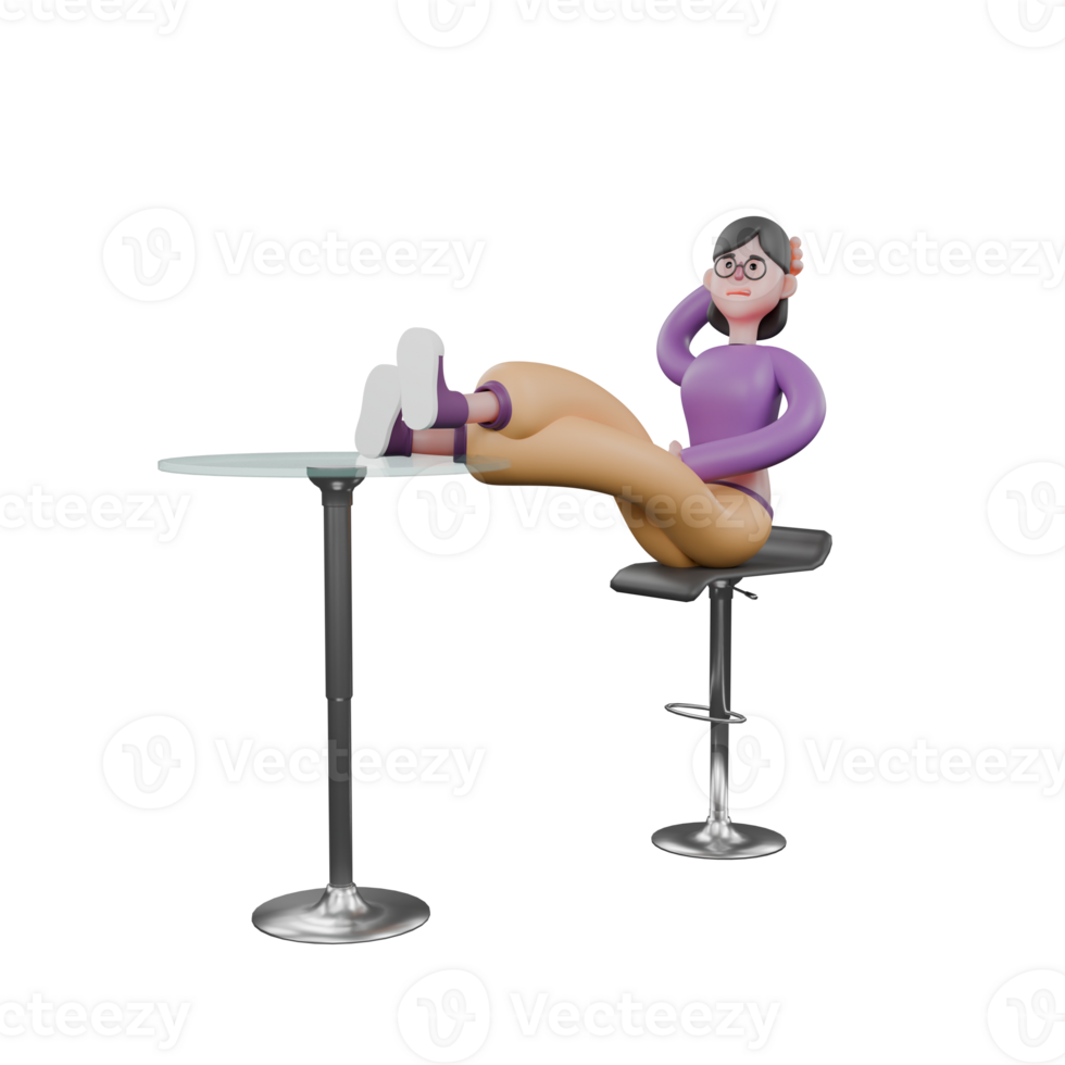 Dance Artist 3D Cartoon. A female dancer sits on a bar stool with her legs folded on a round table and her right hand behind her head. Performer Character png