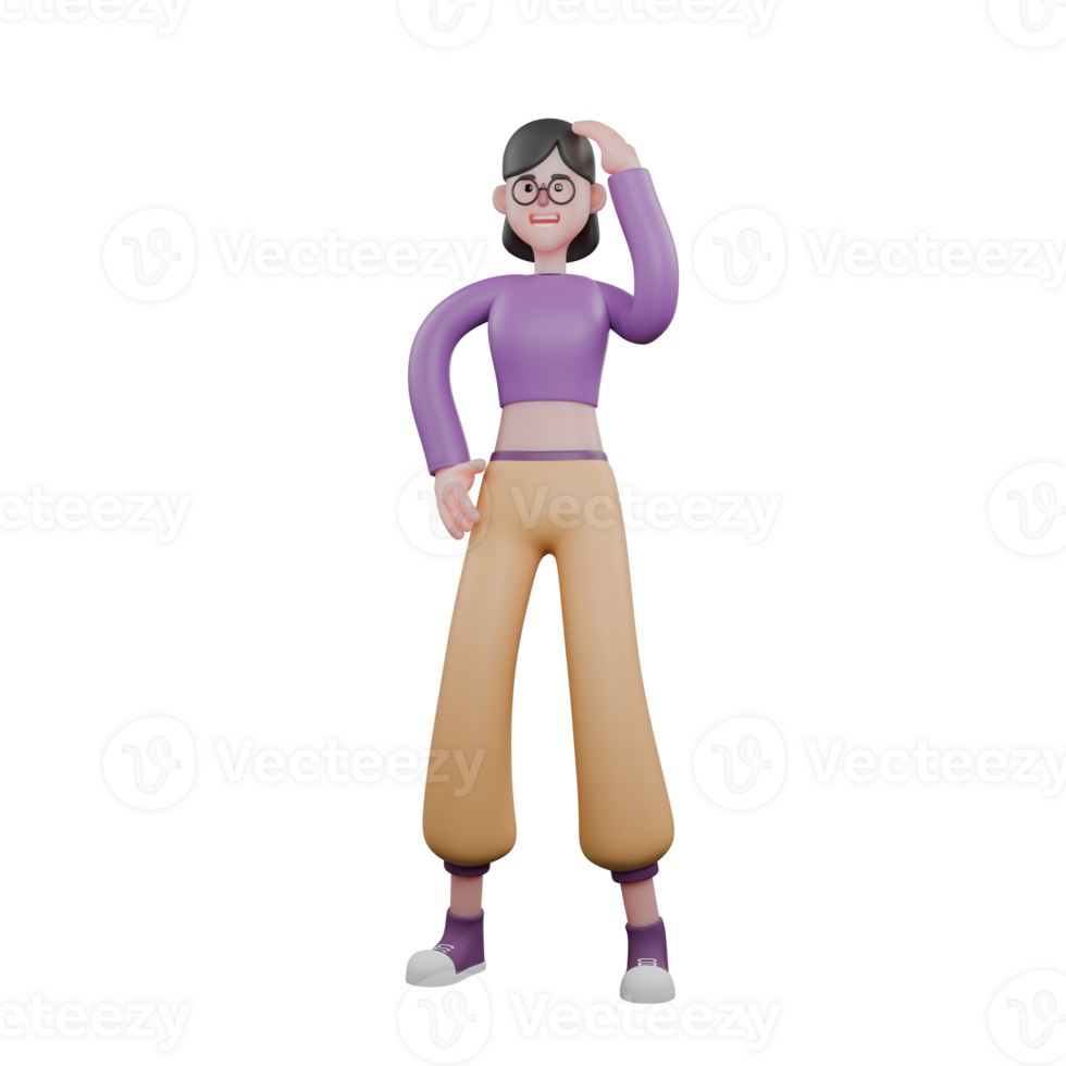 Dancer Character Design in 3D. A female dancer is standing while her left hand is holding her head and her right hand is on her waist. png