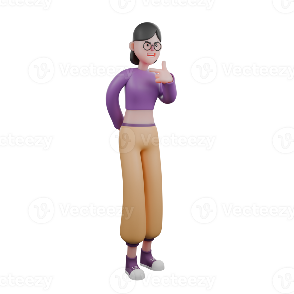 3D Animated Dance Performer. A female dancer stands with her right hand behind her body and her left hand pointing to the side with an angry expression. Performance Talent png