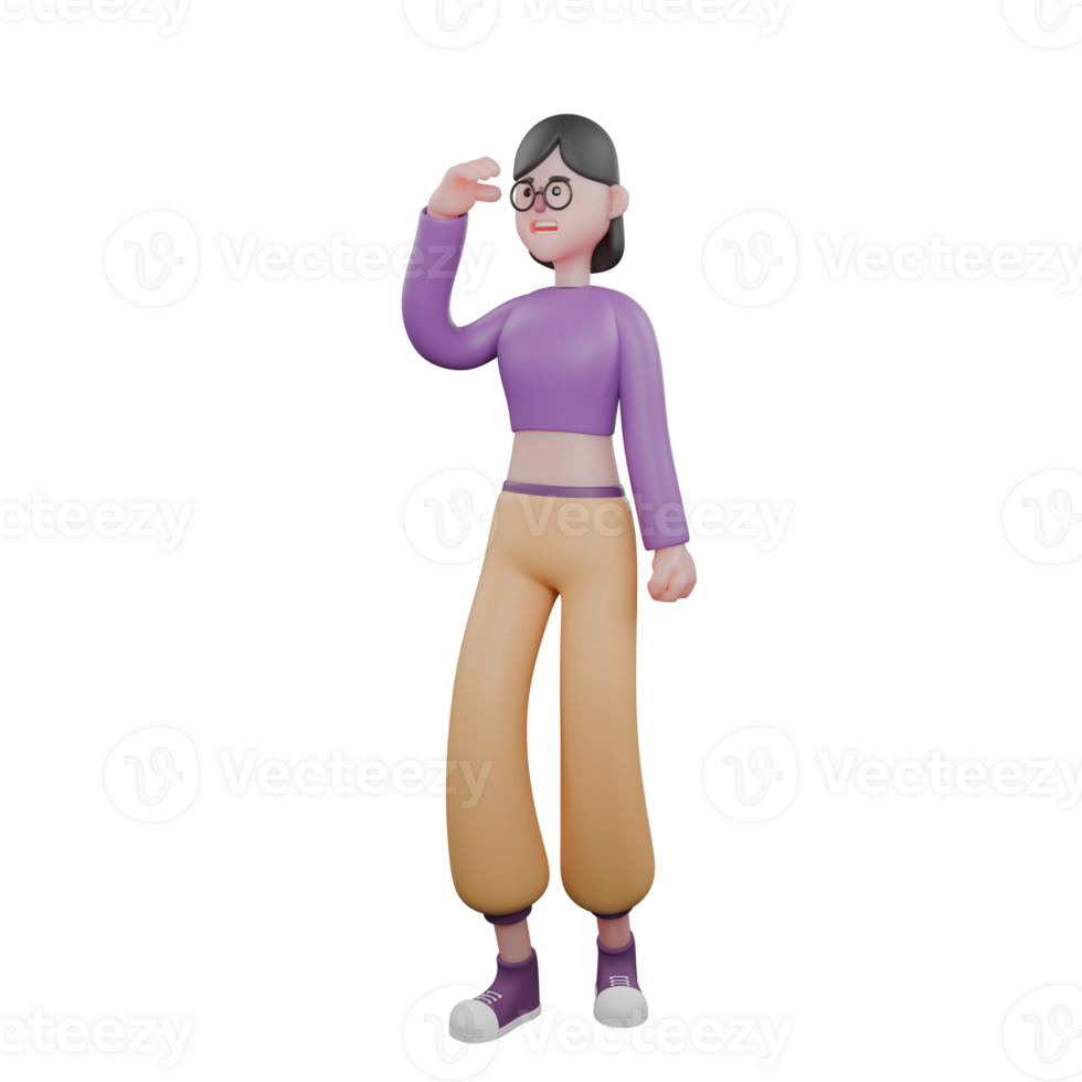 Cartoon 3D Dance Character Design. A female dancer stands with her body tilted to the right while her right palm is placed in front of her eyebrows as if watching from a distance. Dance Artist png