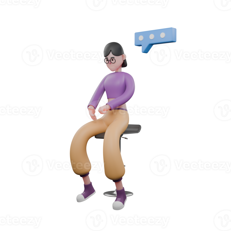 Female dancer sitting on a bar stool looking down observing her left hand holding and her right palm open in front of her left hand and on the left side above her head there is a conversation column. png