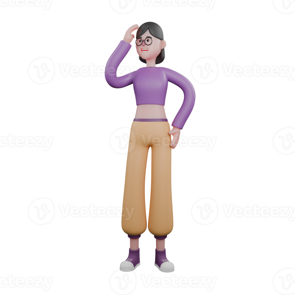 3D Dance Performer Cartoon. A female dancer stands with her left hand holding her head and her right hand on her waist with a smiling expression and sparkling eyes. Dance Star Model png