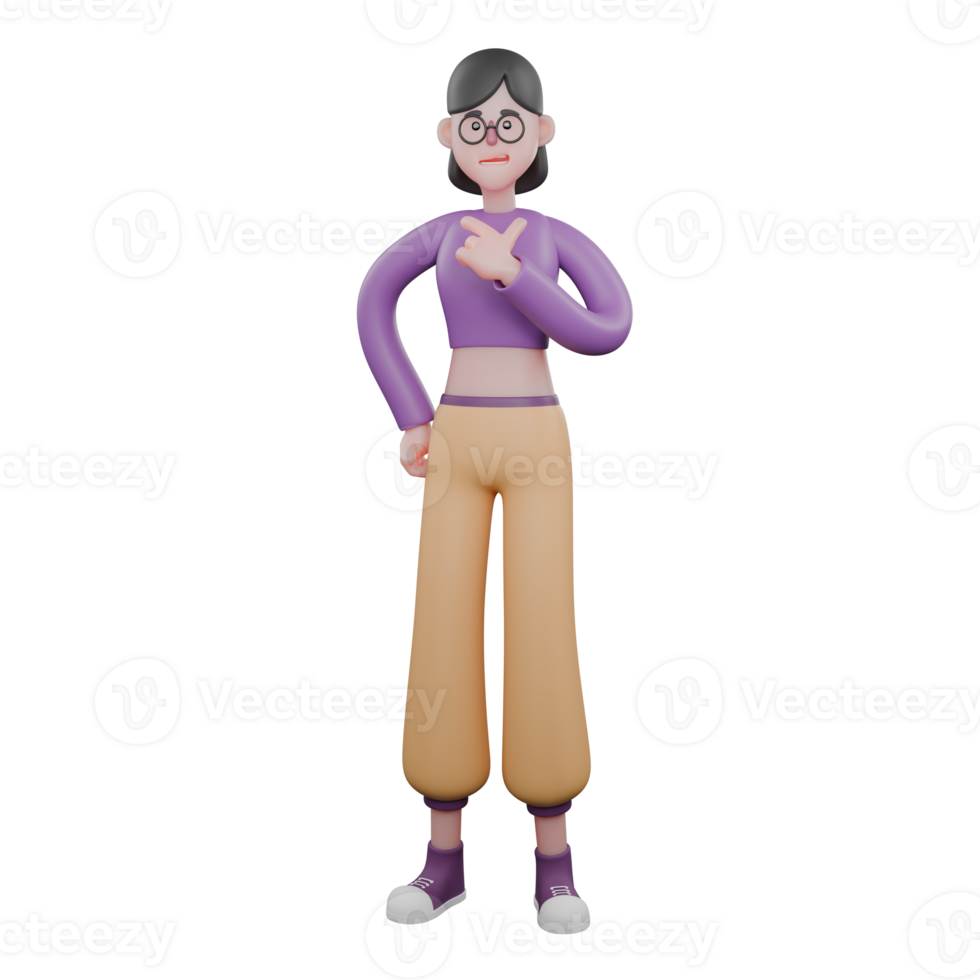 3D Dance Star Character. A female dancer stands with her right hand on her waist and her left hand giving a finger gun symbol on her chest. Animated Performer png