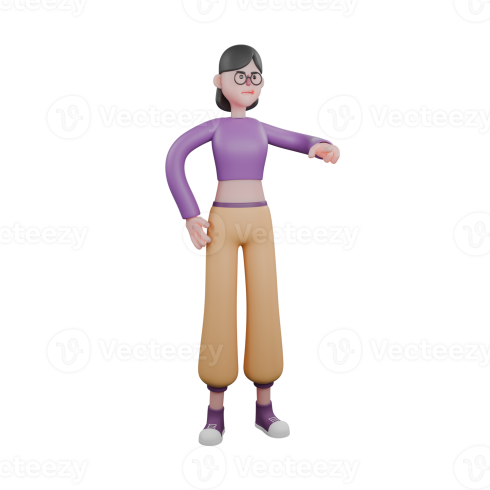 3D Dance Star Performer. A female dancer stands while raising her left hand in front of her chest and her right hand on her waist. Animated Character png