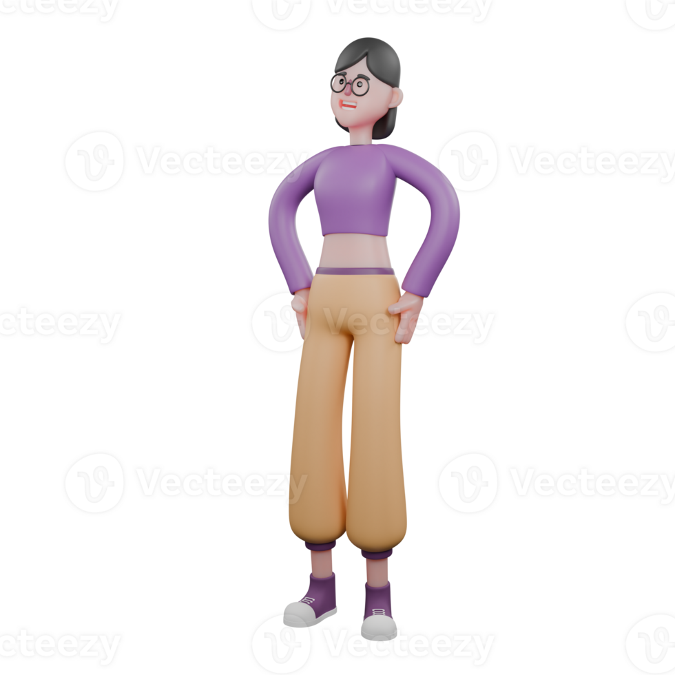 3D Dance Artist Performer. A female dancer stands with both hands on her waist with a happy expression. Animated Talent png
