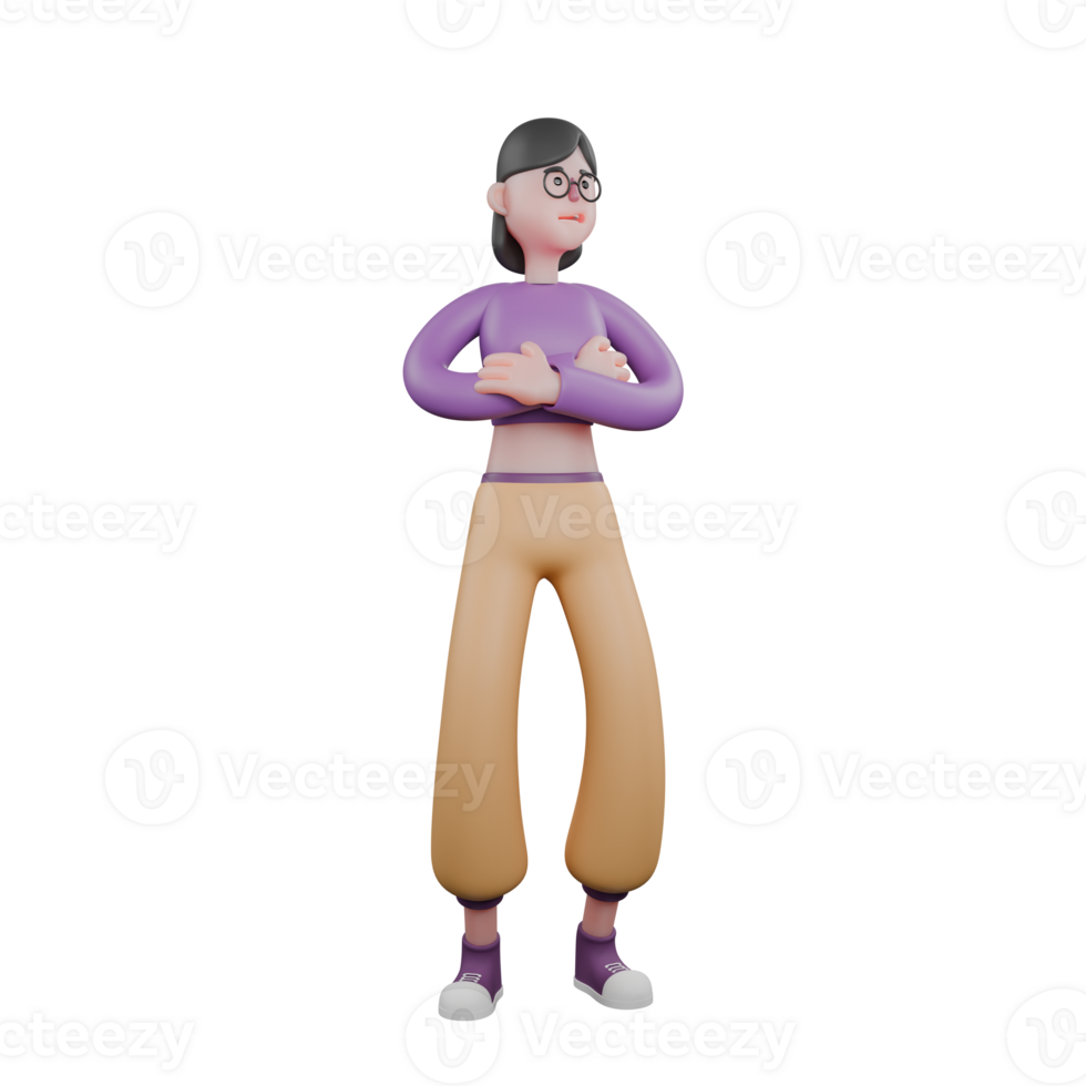 3D Cartoon Dancer Performer. A female dancer stands while folding her hands on her chest. Creative Talent png