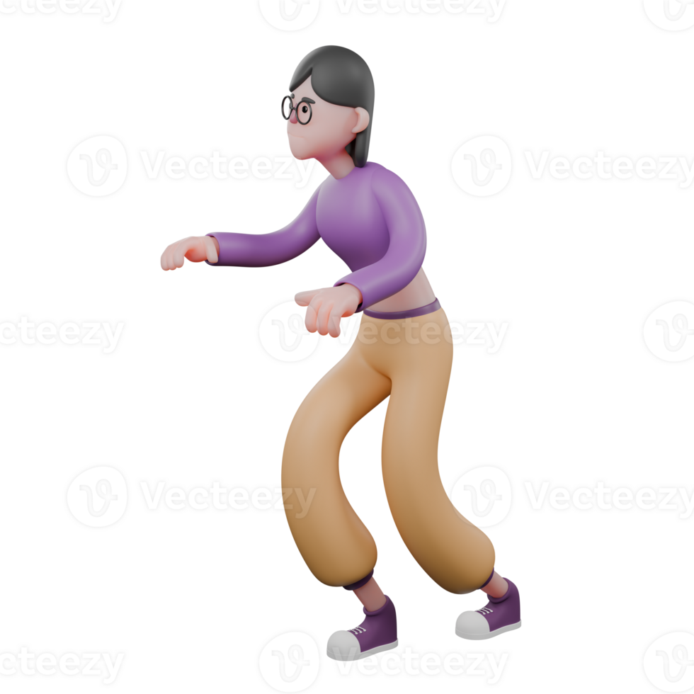 3D Dance Performer Character. A female dancer runs to the right with both hands forward as if wanting to reach for something. Creative Artist png