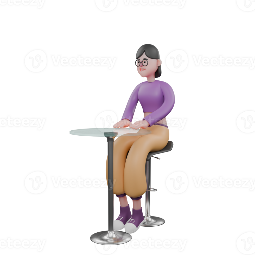 Cartoon Dancer 3D Model. A female dancer sits behind a cafe table, hands on the table with a happy expression. Dance Performer png
