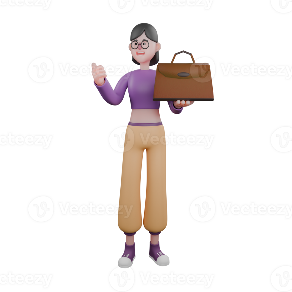 3D Dance Performer Character. A female dancer stands holding a bag in her hand with a happy and satisfied expression. Dance Artist Model png